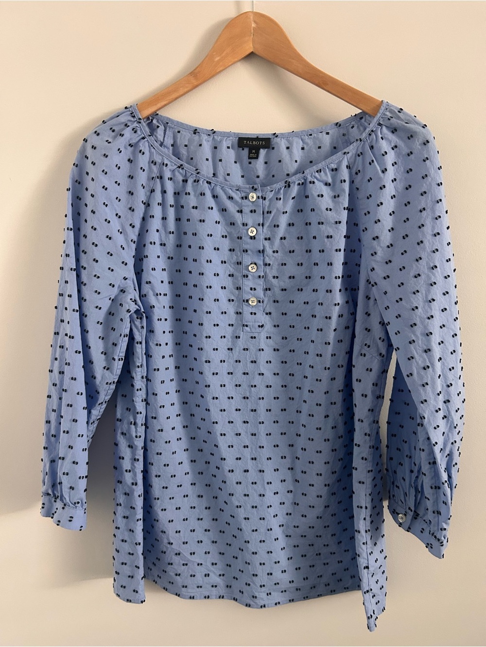Talbots Blue 100% Cotton Print Henley Blouse Medium 3/4 Sleeve
